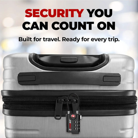 Tsa Approved Travel Luggage Cable Locks Built Solid With Heavy Duty Alloy Design And Smart Open Alert Mechanism To Keep Your Gear Locked Down Tight Black Two Pack on a hard case suitcase.