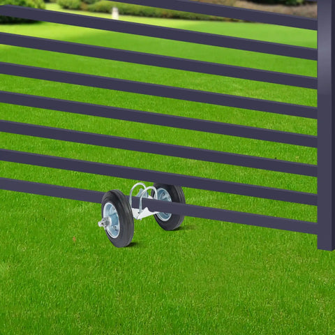 Heavy Duty Sliding Gate Hardware Kit With Double Wheel Track System, showing dual wheels on green grass for smooth operation.
