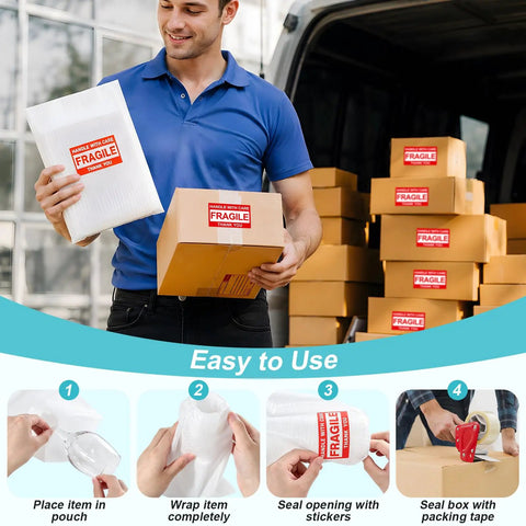 Heavy Duty Dish Packing Kit For Moving With Thick Foam Pouches and Cushion Sheets Paired With Fragile Stickers and Clear Tape in use.