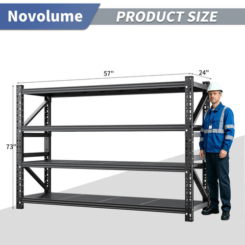 Extra Large Heavy Duty Metal Storage Shelves Built Like A Tank Adjustable Four Tier Garage Rack with size details next to a man.