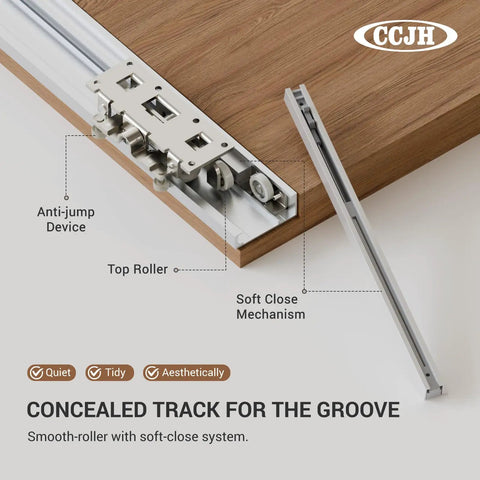 Trackless Concealed Sliding Barn Door Hardware With Dead Silent Soft Close Aluminum Hidden Track For Interior Wood Doors showing soft close mechanism and top roller.