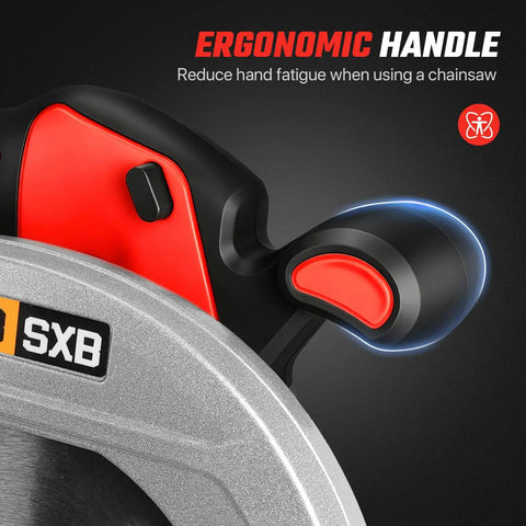 Close-up of ergonomic handle on the Badass Seven Inch Brushless Cordless Circular Saw Runs Smooth As Glass At Eight Thousand Rpm.