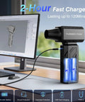 Beast Mode Cordless Air Blower With Brushless Motor Ultra Powerful 390000RPM Duster on desk with USB-C charging cable.