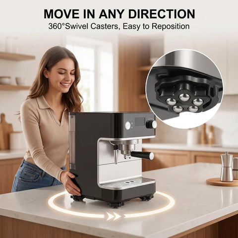 Self Adhesive Swivel Caster Wheels For Ultra Heavy Furniture Rolling With 360 Degree Spin And Easy Peel Sticky Back Pads To Glide Smoothly Without Scratching Wood Floors In A Snap on coffee machine, showing functionality and easy movement.