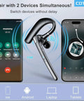 All Day Wireless Bluetooth Headset With 72 Hour Talk Time And 500mAh Case, V5.3 Noise Cancelling Mic shown pairing with devices