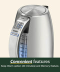 PerfecTemp 1.7 Liter Electric Kettle Cordless With 1500W Fast Heat Up And 6 Preset Temperatures 30 Minute Keep Warm Stay Cool Nonslip Handle Easy Pour For Tea Coffee Oats And More, side view showing control panel with presets.
