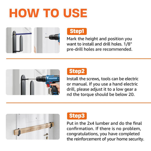 How to use Heavy Duty Door Barricade Brackets, step-by-step installation guide with tools and pre-drilling instructions.