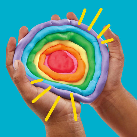 Forty Two Pack Bulk Mini Modeling Compound Cans For Creative Kids And Rad Little Legends Hella Cool Classroom Prizes Party Favors Back To School Sick Stash Non Toxic Craft Supply Age 2 Plus Vibrant Colors in colorful spiral design held in hands.
