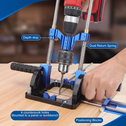 All Metal Adjustable Drill Guide With Multi Angle Capability From Zero To Sixty Degrees For Straight Holes, Drill Press Adapter For Hand Drills, Includes One Half Inch Chuck, Key, Guide Rod, Precision Drilling Jig In Durable Blue mounted on wood.