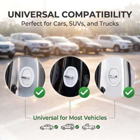 Stop The Door Clank Forever With These Heavy Duty White Silicone Door Latch Covers 4 Pack Peel And Stick For All Cars Trucks And SUVs Rust Resistant Noise Dampening Guards, showing universal fit on vehicles.