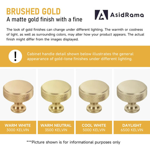 Thirty Piece Set of Slick Brushed Gold Cabinet Knobs With Knurled Textured Grip Heavy Duty Kitchen and Cabinet Hardware under different light.