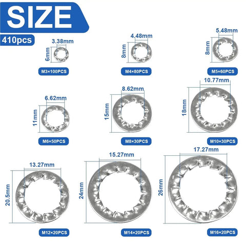 Internal Star Tooth Lock Washers Assortment Kit With 410 And 820 Pieces Heavy Duty Metal Construction Precision Stamping Easy Install For Bolts And Fasteners Wide Compatibility Across Mechanical Projects 2 Sets 410 pieces with sizes M3-M16 displayed.