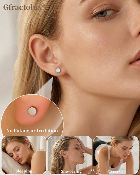 Top Shelf Implant Grade Titanium Opal Stud Earrings Screw Back 5Mm Smooth Gem 20G on model's ear, perfect for everyday wear.