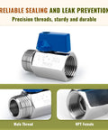 Two Pack One Half Inch Mini Ball Valve Set In 304 Stainless Steel With NPT Female To Male Thread Shutoff Valves, close-up view