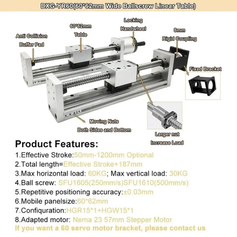 Straight Up Manual Ball Screw Linear Actuator With Buttery Smooth Glide 60mm Width CNC Stage Slides And Rock Solid Nema 23 57mm Mount SFU1605 with locking handwheel and moving nuts.
