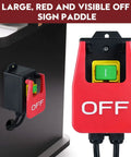 110V Single Phase Kickout Switch With Massive Stop Sign Paddle For Router Tables And Table Saws Quick Emergency Shutoff, red OFF paddle close-up.