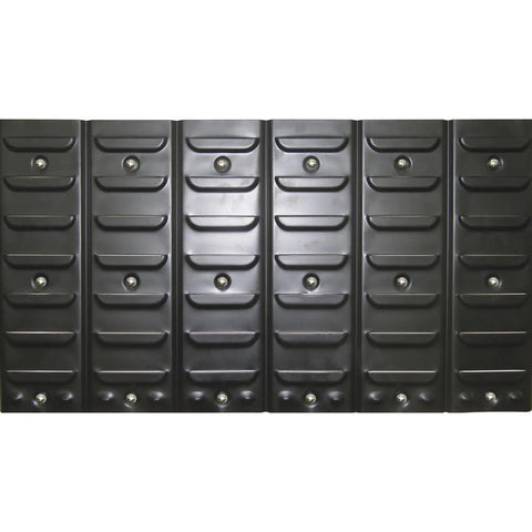 Rock Solid Metal Louvered Wall Panel Storage Rack With 24 Heavy Duty Sorting Bins And An Eighty Pound Weight Rating crafted in black with sorting bins.