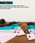 Assorted solid-color microfiber eyeglasses cleaning cloths with carabiner clips; pink, gray, blue, teal, black