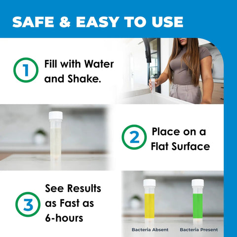 Straight Up Pro 14 In 1 Drinking Water Test Kit instructions with water testing tubes and results for bacteria checks.