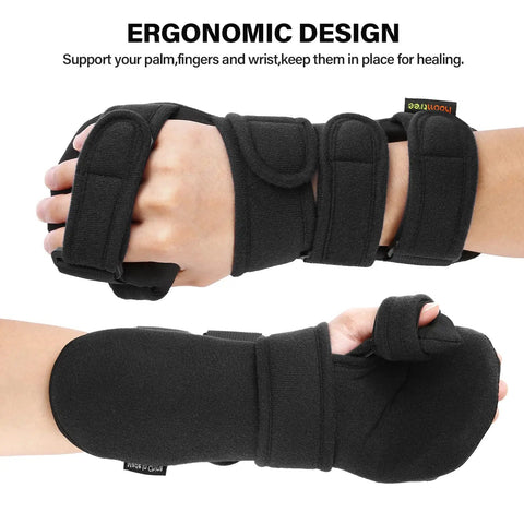 Resting Hand Splint For Both Hands With Finger Separator And Wrist Immobilizer, adjustable straps, black fabric, side view