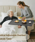 Mobile Standing Desk With Wheels Height Adjustable Pneumatic Laptop Desk used as overbed table in bedroom scene.