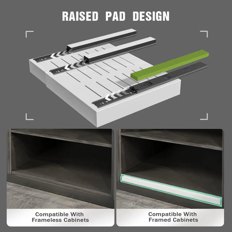 4 Pack White Pull Out Cabinet Organizers 21 Inch Deep Adjustable Width with raised pad design for frameless and framed cabinets.