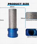 Image showing 3 Pcs 2 Inch Diamond Beveling Chamfer Bits With 5/8-11 Thread Adapter detailing dimensions and grit for shaping tasks.