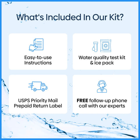 Hella Reliable Home Water Quality Test Kit That Checks 57 Contaminants For Clean Tap And Well Water With Accredited Lab Reports showing included items.