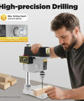Man using Compact Benchtop Drill Press For Precision Metal And Woodworking Portable Electric Table Drill With Adjustable Speeds