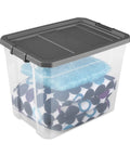 Heck Yeah 2 Pack 108 Quart Stackable Storage Containers With Deep Recessed Latch Lids Clear Plastic Heavy Duty Organizers For The Garage Home And Ultimate Multi Room Setup holding blankets.
