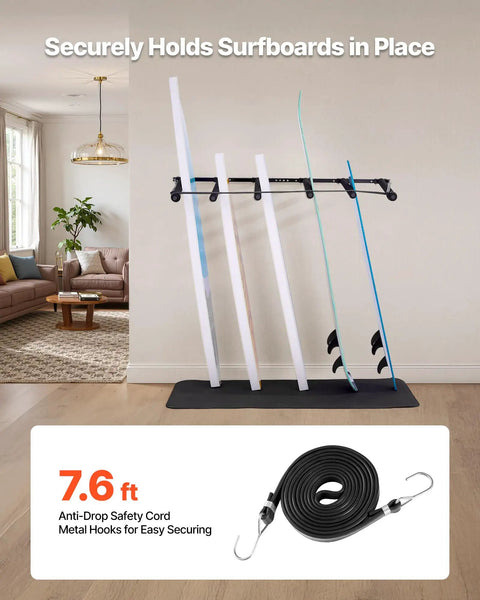 Keep Your Sick Gear Organized With This Heavy Duty Surfboard Wall Mount Vertical Paddle Board Rack Featuring Hella Secure Rubber Padding For Effortless Garage Storage And Zero Clutter Vibes, displaying four surfboards secured on a wall rack.