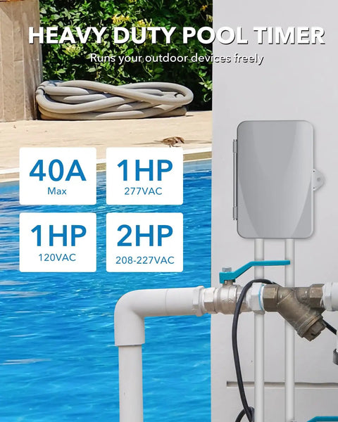 Heavy Duty Workhorse Digital Pool Timer For Outdoor Spas And Water Heaters 40 Amp 120 To 277 Volt showing connections by pool.
