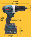 Slick Cordless Rivet Gun With Dual 26V Batteries And Seven Quick Swap Tips Featuring Push Button Auto Start and Crisp Digital Readout side view with dimensions.