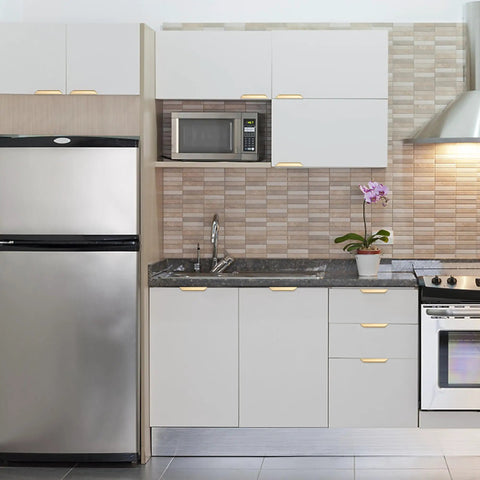 Modern kitchen with cabinets featuring Gold Adhesive Edge Finger Pulls for Cabinets, 3.15 Inch No Drill Hidden Finger Pulls, brushed gold.