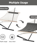 Two Person Outdoor Hammock With Stand And Carry Bag, Cotton Rope Hammock With Detachable Reversible Quilted Polyester Pad, Dark Gray, shown with and without pad