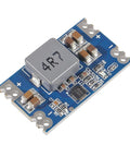 Five Volt Five Amp Mini560 Buck Converter Module for DIY Projects, showing blue circuit board with components, compact size.