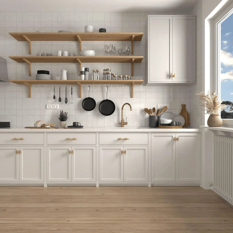 Heavy Duty Square Cabinet Knobs 6 Pack Sporting Slick Brushed Brass Finish Premium Zinc Alloy Base Kitchen Drawer Hardware Built Tough To Level Up Your Space And Ready To Rock in modern kitchen with wood shelves.
