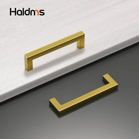 Drop Dead Gorgeous Slick Gold Cabinet Handles With 4 Inch Spacing Brushed Square Pulls For Quick Kitchen And Bath Makeover Thirty Pack on white and black surfaces.