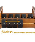 Modular Chisel Storage Rack for Woodworking Workshop Organization with customizable compartments shown sliding feature