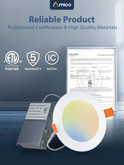 Six Pack 4 Inch Ultra Thin LED Recessed Ceiling Light With Junction Box 5 CCT Selectable showing light and certification papers