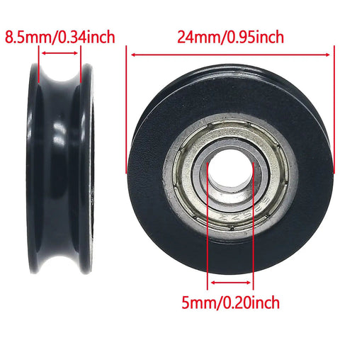 4-Pack Black PU U-Groove Roller Bearings 24mm OD Pulley Wheels 5mm Bore showing dimensions and design features.