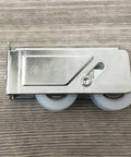 Premium Two Piece Aluminum Double Wheel Roller Hardware featuring nylon glide pulleys on a wooden background.