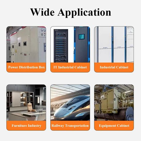 Wide application areas for hidden 90 degree hinge with adjustable limit, including industrial cabinets and railway transport.
