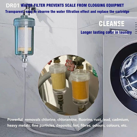1 Micron High Density Washing Machine Water Filter System For Washer And RV Heaters Over 99.5 Percent Chlorine Fluorine And Heavy Metals Removal Reusable ACF Filter With Advanced Activated Carbon Fiber Carbon Block And PP Cotton displayed in use with washing machine.