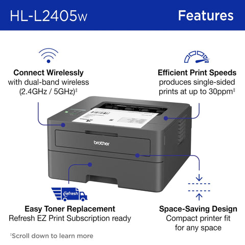 Compact Wireless Monochrome Laser Printer With Mobile Printing And Alexa Compatibility For WFH Home Offices Black And White Output Up To 30 Pages Per Minute Includes Refresh Subscription Trial, front view with wireless and print speed features