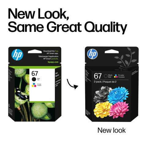 Solid 67 Ink Cartridges Two Pack Black Plus Tri Color Combo packaging design comparison showing old and new look.