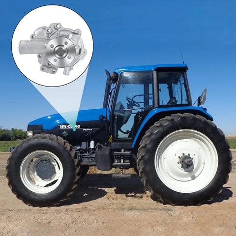 Replacement Water Pump For Ford New Holland Tractor Fits Tc40 Tc45 L160 Perkins Engine shown on tractor side view.