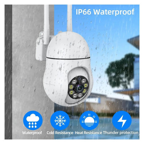 Keep Your Homestead Secure And Sound With This 5MP Wireless PTZ Security Camera in rain. Shows IP66 waterproof design.
