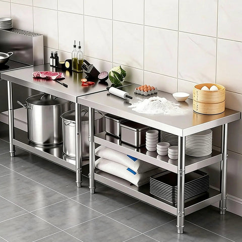Solid Three Tier Stainless Steel Prep Table Commercial Kitchen Shelving Unit Rust Resistant Workbench with cooking ingredients and tools.
