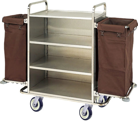 Utility cart with brown fabric bags, metal shelves, and 5 Inch Polyurethane Shopping Cart Wheels Four Pack With Stepped And Full Tread Face And Double Ball Bearing Heavy Duty 1400 Lb Capacity Replacement Carts For Grocery Stores And Restaurants Smooth Rolling Durable Construction.